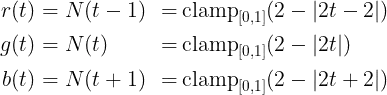 r(t)=N(t-1), g(t) = N(t), b(t) = N(t+1)