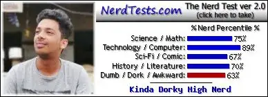 NerdTests.com says I'm a Kinda Dorky High Nerd.  Click to take the Nerd Test, get nerdy images and jokes, and talk to other nerds on the nerd forum!