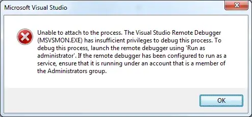 Unable to attach to the process. The Visual Studio Remote Debugger (MSVSMON.EXE) has insufficient privileges to debug this process. To debug this process, launch the remote debugger using 'Run as administrator'. If the remote debugger has been configured to run as a service, ensure that it is running under an account that is a member of the Administrators group.