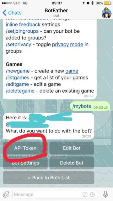 telegram botfather showing API key button