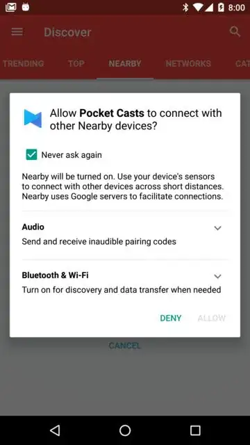 A screenshot from Pocket Casts showing the Nearby API permissions prompt; device running API 23