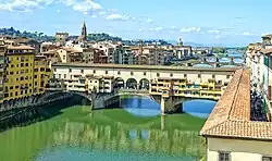 Vasari's tile-roofed Corridoio running from the Uffizi (right), above the river bank and across the Ponte Vecchio on its way to link to the Palazzo Pitti