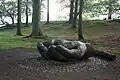 Entrust in Brandelhow Park, near to Stair, Cumbria. This wooden sculpture of cupped hands commemorates the centenary of the National Trust's first ever land purchase, 108 acres of the Brandlehow estate.