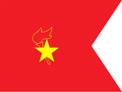 A gold star placed on top of a red torch with a flame, outlined in gold. This is placed on a red background, where the right edge has a triangle section cut out.