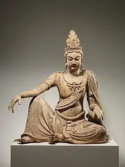 Bodhisattva Avalokiteshvara in water moon form (Shuiyue Guanyin); 11th century; wood (willow) with traces of pigment, multiple-woodblock construction; height: 118.1&nbsp;cm, width: 95.3&nbsp;cm, depth: 71.1&nbsp;cm; Metropolitan Museum of Art