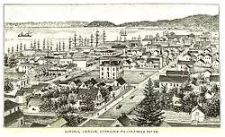A grayscale ink illustration of a city of simple buildings, with pine trees throughout and the Columbia river dominating the background