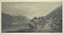 Drawing depicting Clermont and Hudson, to the right is a dirt road paralleling the river with horse drawn carriages