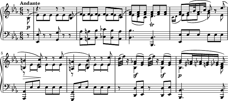 
    { \new PianoStaff <<
        \new Staff <<
            \set Staff.midiInstrument = "string ensemble 1"
            \clef treble
            \key es \major
            \time 6/8
            \tempo "Andante" \tempo 8 = 100
            \new Voice \relative c' {
                \stemUp \partial 8 r8
                r4. r8 r bes^(
                f')] f f] f[ f c^(]
                <f aes>)[ <f aes> <f aes>] <f aes>[ <f aes> <f aes>]
                <f aes>[ g16.^( bes32 aes16. c32] bes8) r es^( \break

                <b, b'>4_\> <c c'>8)\! r8 r es'^(
                <a,, a'>4 <bes bes'>8) r r <es es'>
                s <f aes!>^([ <es g>)] s <f aes>^([ <es g>)]
                <g bes>8^([ <fis a>16 <f aes> <e g> <es ges>] <d f>8)
            }
            \new voice \relative c' {
                \stemDown \partial 8 bes8(_\p
                es)[ es es] es[ es es]
                es[ es es] es[ es es]
                es_([ d c)] d4._\trill
                \grace { \stemDown c16_( d } es8)[ es_( f] g) r es \break

                r es[_. es]_. es[_. es_. es]_.
                r es_.[ es_.] es_.[ es_. es_.]
                d'32^( f) r16 bes,,4_\sf d'32^( f) r16 bes,,4_\sf
                bes4._\p bes8
            }
        >>
        \new voice \new Staff <<
            \set Staff.midiInstrument = "string ensemble 1"
            \clef bass
            \key es \major
            \relative c, {
                \time 6/8
                \partial 8 r8
                <es es'> r r <g g'> r r
                <aes aes'>[ <a a'> <bes bes'>] <ces ces'>[ <bes bes'> <a a'>]
                <bes bes'>4. <bes, bes'>
                <es es'>8[ es' es] es[ es es] \break

                <aes,, aes'>[ es'' es] es[ es es]
                <g,, g'>[ es'' es] es[ es es]
                r <d, d'> <es es'> r <d d'> <es es'>
                <bes bes'>4. <bes bes'>8
            }
        >>
    >> }
