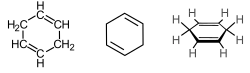 Skeletal formula with all implicit hydrogen shown, skeletal formula; stereo, skeletal formula with all explicit hydrogens added, all of 1,4-cyclohexadiene