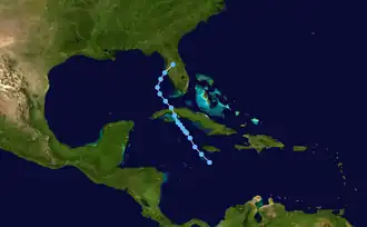 A track map of Tropical Depression Fourteen throughout the Caribbean Sea and Gulf of Mexico. The track starts out south of Jamaica and heads generally northwest, crossing Cuba and making landfall in Florida.