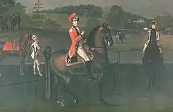 Lieutenant Sir John Floyd, 1st Baronet, 15th Light Dragoons, Kitty Hunter, disguised as a page, and another officer at the riding school of Wilton House