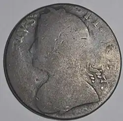 Obverse of evasion halfpenny, showing bust and inscription of King George II