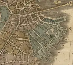 Detail of 1814 map of Boston, showing India Wharf and vicinity