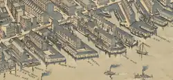 Overview of wharves, 1899, showing Central Wharf bisected by Atlantic Avenue