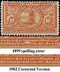 An embarrassing design error. In 1899 the US was occupying and furnishing postage stamps to Cuba. The Spanish word "inmediata" was misspelled on this stamp ("immediata"). This was corrected when the Cuban Republic had it reprinted in November, 1902.