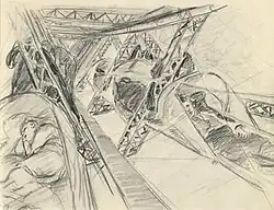 A graphite drawing on coarse-weave paper. The view inside the keel corridor; a series of V-shaped trellis girders are coming down from the structural members above. At their apex they support a narrow walkway. Along the walkway are small beds, each one with a large fabric hood at the head end. We can see one on the left and three on the right. The nearer ones are occupied by resting crewmen. At the let, behind a dark shape, a man is leaning forwards.