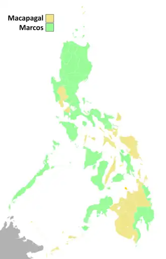 Provinces where Marcos won at least a plurality are in light green.