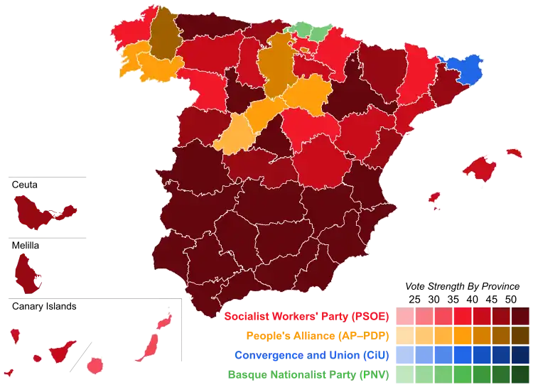 Map of Spain showcasing winning party's strength by constituency