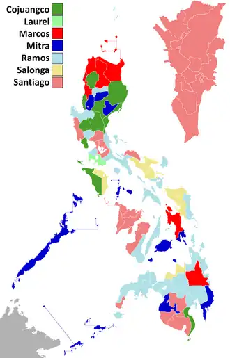 Provinces where Marcos won at least a plurality are in red; provinces where Marcos' ally Danding Cojuangco won at least a plurality are in dark green.