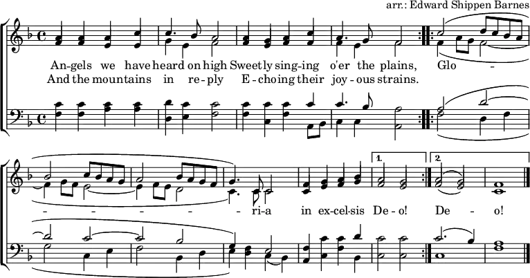 \header { tagline = ##f arranger = "arr.: Edward Shippen Barnes" }
\layout { indent = 0 \context { \Score \remove "Bar_number_engraver" } }
global = { \key f \major \time 4/4 }
verse = \lyricmode {
An -- gels we have heard on high
Sweet -- ly sing -- ing o'er the plains,
\repeat volta 2 { Glo -- ri -- a in ex -- cel -- sis } \alternative { { De -- o! } { De -- o! } }
}
verseR = \lyricmode {
And the moun -- tains in re -- ply
E -- cho -- ing their joy -- ous strains.
}
soprano = \relative c'' { \global \set midiInstrument = "flute" \voiceOne
\repeat volta 2 { a4 a a c | c4. bes8 a2
a4 g a c | a4. g8 f2 | }
\repeat volta 2 { c'2 (d8 c bes a |bes2 c8 bes a g | a2 bes8 a g f | g4.) c,8 c2 |
f4 g a bes | } \alternative { { a2 g | } { a2 (g) | f1 \bar "|." } }
}
alto = \relative c' { \global \set midiInstrument = "flute" \voiceTwo
\repeat volta 2 { \stemUp f4 f e e | \stemDown g e f2 |
\stemUp f4 e f f | \stemDown f e f2 | }
\repeat volta 2 { f4 (a8 g f2~ | f4 g8 f e2~ | e4 f8 e d2 | c4.) c8 c2 |
\stemUp c4 e f g | } \alternative { { f2 e | } { f2 (e) | c1 \bar "|." } }
}
tenor = \relative c' { \global \set midiInstrument = "clarinet"
\repeat volta 2 { c4 c c c | d c c2 |
c4 c c c | c4. bes8 a2 | }
\repeat volta 2 { a2 (d~ | d c~ | c bes | g4) f e2 |
f4 c' c d | } \alternative { { c2 c } { c2. (bes4) | a1 \bar "|." } }
}
bass = \relative c { \global \set midiInstrument = "clarinet"
\repeat volta 2 { f4 f a a | d, e f2 |
f4 c f a,8 bes | c4 c a2 | }
\repeat volta 2 { f'2 (d4 f | g2 c,4 e | f2 bes,4 d | e) d c (bes) |
a c f bes, | } \alternative { { c2 c } { c1 | f1 \bar "|." } }
}
\score {
\new ChoirStaff <<
\new Staff
<<
\new Voice \soprano
\addlyrics \verse
\addlyrics \verseR
\alto
>>
\new Staff
<<
\clef bass
\partCombine \tenor \bass
>>
>>
\layout { }
}
\score { \unfoldRepeats { << \soprano \\ \alto \\ \tenor \\ \bass >> }
\midi { \tempo 4=120
\context { \Staff \remove "Staff_performer" }
\context { \Voice \consists "Staff_performer" }
}
}