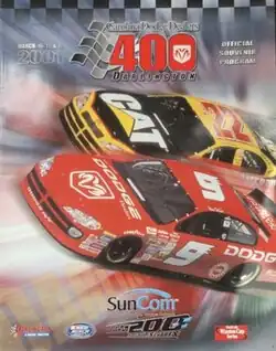 The 2001 Carolina Dodge Dealers 400 program cover, featuring Bill Elliott and Ward Burton.