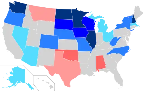 Net changes to upper house seats after the 2006 elections &nbsp;&nbsp;&nbsp;&nbsp;&nbsp;+1 Dem seat &nbsp;&nbsp;&nbsp;&nbsp;&nbsp;+2 Dem seats &nbsp;&nbsp;&nbsp;&nbsp;&nbsp;+4–5 Dem seats &nbsp;&nbsp;&nbsp;&nbsp;&nbsp;+6 Dem seats &nbsp;&nbsp;&nbsp;&nbsp;&nbsp;+1 Rep seat &nbsp;&nbsp;&nbsp;&nbsp;&nbsp;+2 Rep seats
