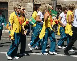 The Australian Olympic women's softball team at a welcome-home parade in Sydney, 2008