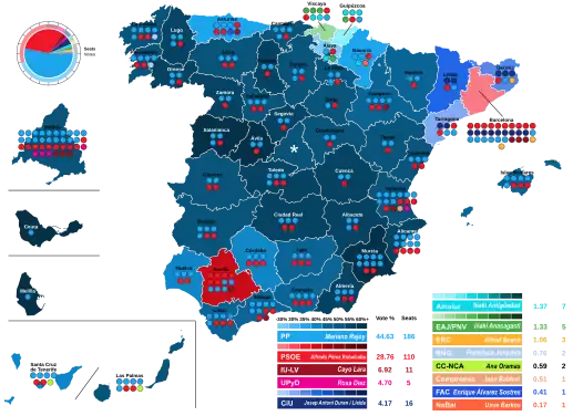 Map of Spain showcasing seat distribution by Congress of Deputies constituency