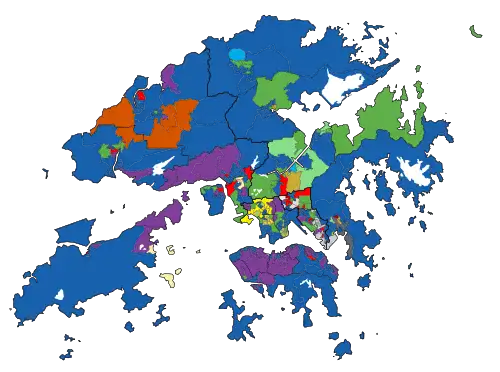 Results of the 2012 LegCo election geographical constituencies: the party with most votes in each District Council Constituency.