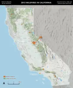 A map of wildfires in California in 2013, using Cal Fire data