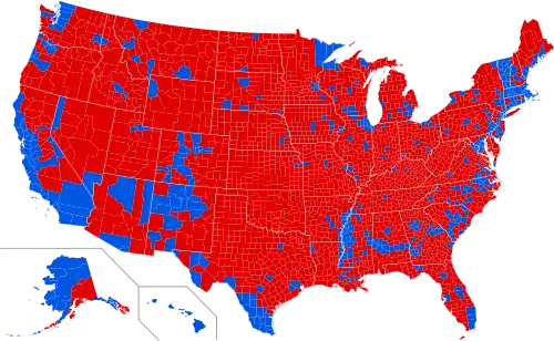 Results by county.[c] Red denotes counties that went to Trump; blue denotes counties that went to Clinton.