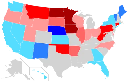Net changes to upper house seats after the 2016 elections &nbsp;&nbsp;&nbsp;&nbsp;&nbsp;+1 Dem seat &nbsp;&nbsp;&nbsp;&nbsp;&nbsp;+2 Dem seats &nbsp;&nbsp;&nbsp;&nbsp;&nbsp;+3 Dem seats &nbsp;&nbsp;&nbsp;&nbsp;&nbsp;+1 Rep seat &nbsp;&nbsp;&nbsp;&nbsp;&nbsp;+2 Rep seats &nbsp;&nbsp;&nbsp;&nbsp;&nbsp;+3–4 Rep seats &nbsp;&nbsp;&nbsp;&nbsp;&nbsp;+6 Rep seats