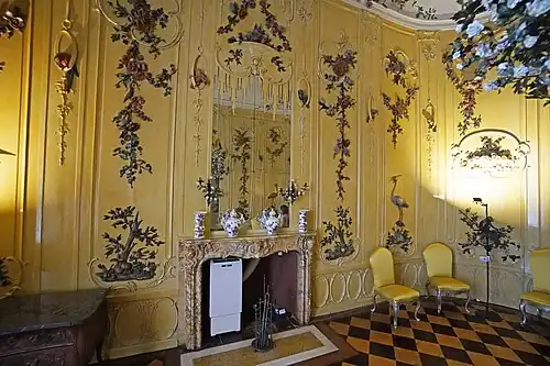 Rococo&nbsp;– fourth guest room, so-called Voltaire Room, Sanssouci, Potsdam, Germany, designed by Georg Wenzeslaus von Knobelsdorff, with decoration by Johann Michael the Elder and Johann Christian Hoppenhaupt the Younger, 1752–1753[39]