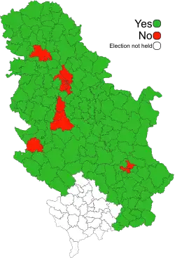 A map containing results of the 2022 constitutional referendum in Serbia