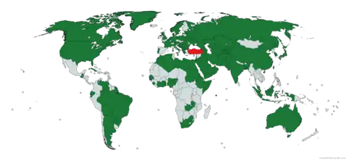 A world map with Turkey in red and countries who congratulated Erdoğan on his re-election in green