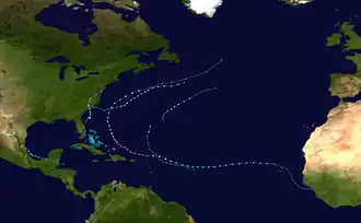A map of the tracks of all the storms of the 2025 Atlantic hurricane season.