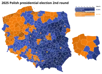 2025 Polish presidential election second round, PiS (blue), KO (orange)