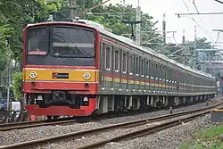 12-car 205 series sets 30 and 74 (formerly Yokohama Line sets H27 and H14), October 2016.