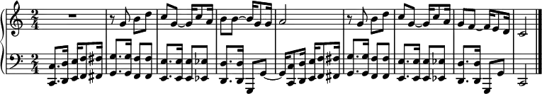
\language "english"

{\new PianoStaff
<<
\new Staff \fixed c' {
  \clef treble
  \key c \major
  \time 2/4
  R2 r8 g8 b8 [d'] c' [g~] g16 [c'8 a16] b8 [b8~] b16 [g8 g16] a2 r8 g8 b8 [d'] c'8 [g8~] g16 [c'8 a16] g8 [f8~] f16 [e8 d16] c2\bar "|."
}
\new Staff \fixed c {
  \clef bass
  \key c \major
  \time 2/4
  <c, c>8. [<d, d>16] <e, e>16 [<f, f>8 <fs, fs>16] <g, g>8. [16] <f, f>8 [8] <e, e>8. [16] <e, e>8 [<ef, ef>8] <d, d>8. [16] g,,8 [g,8~] g,16 [<c, c>8 <d, d>16] <e, e>16 [<f, f>8 <fs, fs>16] <g, g>8. [16] <f, f>8 [8]  <e, e>8. [16] <e, e>8 [<ef, ef>8] <d, d>8. [16] g,,8 [g,8] c,2 \bar "|."
}
>>}
