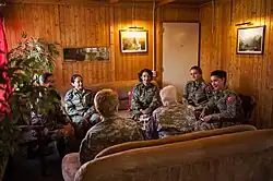 U.S. Army Brig. Gen. Giselle Wilz, NATO Headquarters Sarajevo commander, speaks with female officers of the Turkish Land Forces during a mentoring session at Camp Butmir, Bosnia and Herzegovina