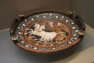 The goddess Nike riding on a two-horse chariot, from an Apulian patera (tray), Magna Graecia, 4th century BC.