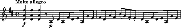 
\relative c' { \set Staff.midiInstrument = #"string ensemble 1"
  \set Score.tempoHideNote = ##t
  \key d \major
  \tempo "Molto allegro" 4 = 144
  <d a' fis'>4\f q q r8 a\p |
  d8 a fis' d e a, g' e |
  fis8 d a' fis b( g) fis-. e-. |
  d8 a fis' d e a, g' e |
}
