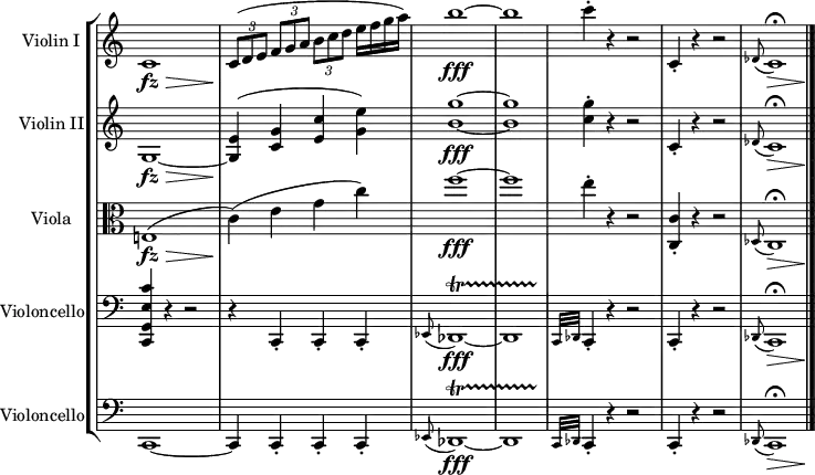 
\header { tagline = ##f }
\layout { \context { \Staff \remove "Time_signature_engraver" } }
\new StaffGroup <<
 \new Staff \with { instrumentName = "Violin I" } \relative c' {
  c1\fz\> |
  \tuplet 3/2 { c8\!( d e } \tuplet 3/2 { f g a } \tuplet 3/2 { b c d } e16 f g a) |
  b1~\fff |
  b1 |
  c4-. r r2 |
  c,,4-. r r2 |
  \appoggiatura des8 c1*3/4\fermata\> s4\! | \bar "|."
 }
 \new Staff \with { instrumentName = "Violin II" } \relative c' {
  g1~\fz\> |
  <g e'>4\!( <c g'> <e c'> <g e'>) |
  <b g'>1~\fff |
  q1 |
  <c g'>4-. r r2 |
  c,4-. r r2 |
  \appoggiatura des8 c1*3/4\fermata\> s4\! |
 }
 \new Staff \with { instrumentName = "Viola" } \relative c {
  \clef alto
  e!1(\fz\> |
  c'4)(\! e g c) |
  f1~\fff |
  f1 |
  e4-. r r2 |
  <c, c,>4-. r r2 |
  \appoggiatura des,8 c1*3/4\fermata\> s4\! |
 }
 \new Staff \with { instrumentName = "Violoncello" } \relative c, {
  \clef bass
  <c g' e' c'>4 r r2 |
  r4 c-. c-. c-. |
  \appoggiatura es8 des1~\fff\startTrillSpan
  des1*7/8 s8\stopTrillSpan |
  \grace { c32 des } c4-. r r2 |
  c4-. r r2 |
  \appoggiatura des8 c1*3/4\fermata\> s4\! |
 }
 \new Staff \with { instrumentName = "Violoncello" } \relative c, {
  \clef bass
  c1~ |
  c4 c-. c-. c-. |
  \appoggiatura es8 des1~\fff\startTrillSpan
  des1*7/8 s8\stopTrillSpan |
  \grace { c32 des } c4-. r r2 |
  c4-. r r2 |
  \appoggiatura des8 c1*3/4\fermata\> s4\! |
 }
>>
