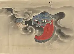 4 Akaguchi (赤口) is a yōkai from the northwestern region of Aomori prefecture.[17] This yōkai resides in an amorphous black cloud, baring visibly its komainu (Japanese lion-dog) face and large claws. Its face and claws are covered in thick blue hair. It is distinguished by its large red mouth and tongue.[18] Akaguchi is portrayed above a floodgate due to its association with the use of water in a farming country.[19] Though some sources say Akaguchi is simply an omen of bad luck, others represent Akaguchi as a protective spirit.[20][19] During droughts, some would siphon above the allotted amount of water for their personal fields, which was a crime that could cost neighboring farmers their livelihood. The perpetrators of this crime not punished by law would be punished by Akaguchi. Akaguchi would appear and eat them alive.[21] Akaguchi is more commonly known by the name Akashita.[19] This alternate name uses the characters meaning "red tongue" 赤舌 instead of "red mouth" 赤口 and parallels the name of the god Shakuzetsujin 赤舌神 found within a traditional Japanese esoteric cosmology called Onmyōdō 陰陽道 (The Way of Yin and Yang).[20][19]