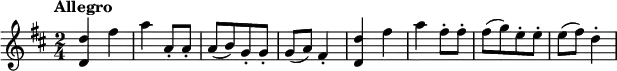 
\relative c'' { \set Score.tempoHideNote = ##t \tempo "Allegro" 4=130 \key d \major \time 2/4
  <d d,>4 fis a a,8-. a-. a[( b) g-. g-.] g( a) fis4-.
  <d' d,> fis a fis8-. fis-. fis[( g) e-. e-.] e( fis) d4-.
}
