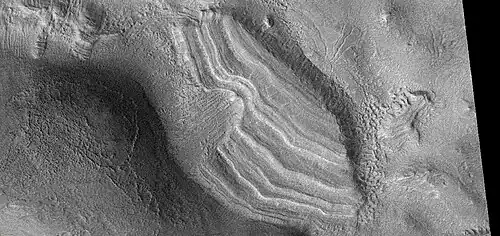 Close view of a group of layers, as seen by HiRise under HiWish program. Note: This is an enlargement from the previous image.