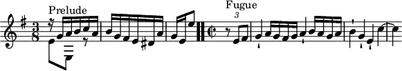 
\version "2.18.2"
\header {
  tagline = ##f
}

\score {
  \new Staff \with {

  }
<<
  \relative c'' {
    \key e \minor
    \time 3/8
    \override TupletBracket.bracket-visibility = ##f

     %% INCIPIT CBT II-10, BWV 879, mi mineur
     << { r16^\markup{Prelude} g a b c a b g fis e dis a' | \once \override Staff.TimeSignature #'stencil = ##f \time 2/8 g16[ e e'8] } \\ { e,8 e, r8 } >> \bar ".."
     \time 2/2 \partial 4
     s4*0^\markup{Fugue} \tuplet 3/2 { r8 e' fis } g4-! a16 g fis g a4-! b16 a g a b4-! g-! e-! c'4~ c
  }
>>
  \layout {
     \context { \Score \remove "Metronome_mark_engraver" \override SpacingSpanner.common-shortest-duration =
        #(ly:make-moment 1/2) }
  }
  \midi {}
}
