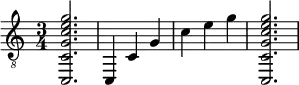  {
\clef "treble_8"
\time 3/4
<c, c g c' e' g'>2.
<c, >4
<c >4
<g  >4
<c' >4
<e' >4
<g' >4
<c, c g c' e' g'>2.
}
