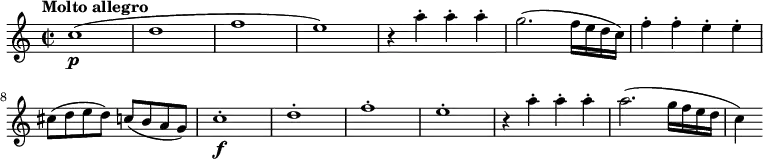 \relative c'' {
\key c \major
\time 2/2
\set Staff.midiInstrument = "string ensemble 2"
\tempo "Molto allegro"
\tempo 4 = 260
c1\p ( d f e)
r4 a4-. a-. a-.
g2. (f16 e d c)
f4-. f-. e-. e-.
cis8 (d e d) c (b a g)
c1-.\f d-. f-. e-.
r4 a4-. a-. a-.
a2. (g16 f e d c4)
}