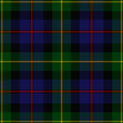 A bold tartan of gree and blue with black bars and thin yellow (on green) and red (on blue) over-checks